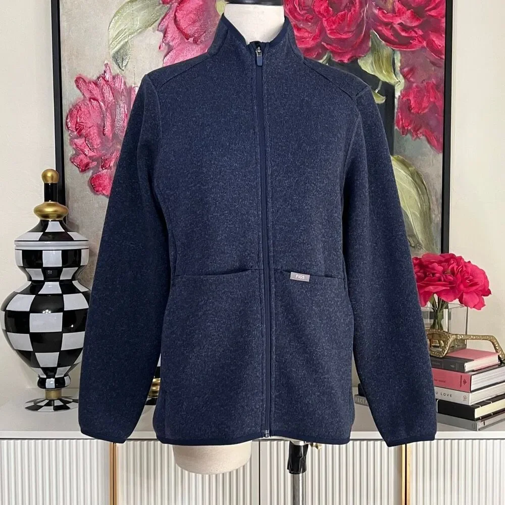 FIGS Women's Fleece On-Shift Full Zip Sweater-Knit Jacket Heather Blue Medium